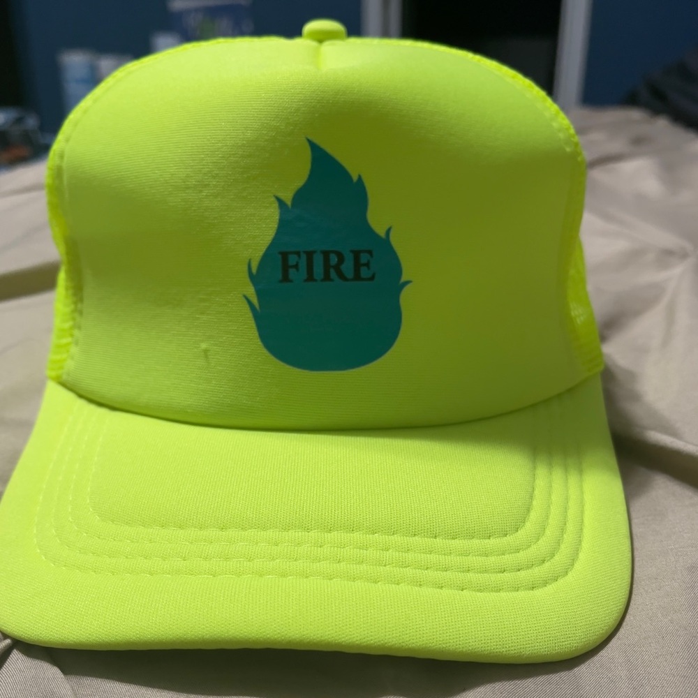 Neon Yellow Kids Cap with Blue Flame Design